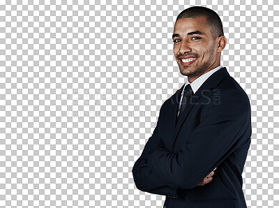 Buy stock photo Businessman, portrait and smile with arms crossed for career isolated on png transparent background. Person, entrepreneur and face or happy with confidence, pride and success mindset for startup work