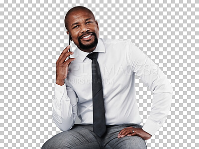 Buy stock photo Phone call, professional portrait and happy black man consulting, talking and chat with corporate contact. Business advice, mobile cellphone or African manager isolated on transparent, png background