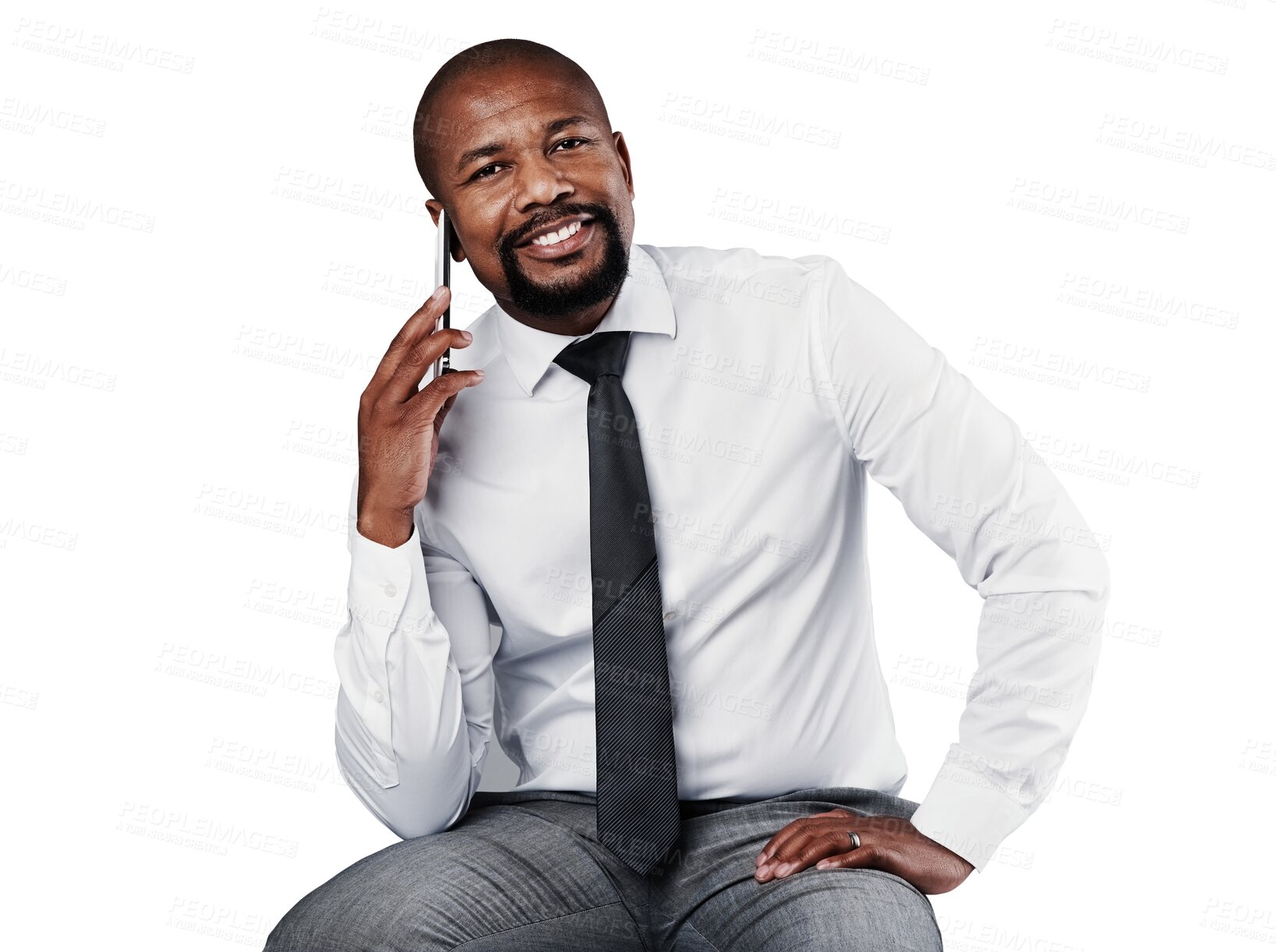Buy stock photo Phone call, professional portrait and happy black man consulting, talking and chat with corporate contact. Business advice, mobile cellphone or African manager isolated on transparent, png background