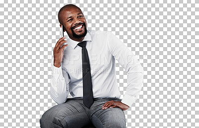 Buy stock photo Phone call, professional smile and black man speaking, talking and chat with corporate contact, mobile user or advisor. Cellphone, consultation and African CEO isolated on transparent, png background