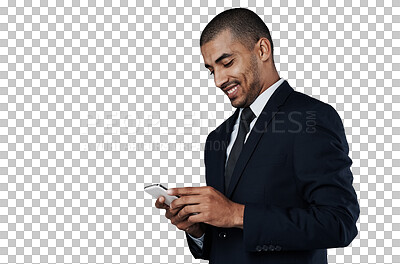 Buy stock photo Cellphone, business communication or happy man typing corporate feedback, online research or search agency database. Network connection, mobile phone and agent isolated on transparent, png background