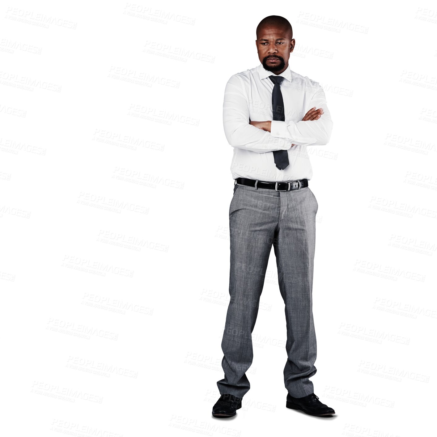 Buy stock photo Thinking, arms crossed and black business man on isolated, transparent or png background. Future, vision and mature African male boss with power pose for brainstorming, solution or problem solving