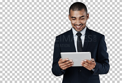 Buy stock photo Isolated business man, tablet and reading for smile, thinking and app by transparent png background. Corporate lawyer, digital touchscreen and happy for analysis, ideas and results in investigation