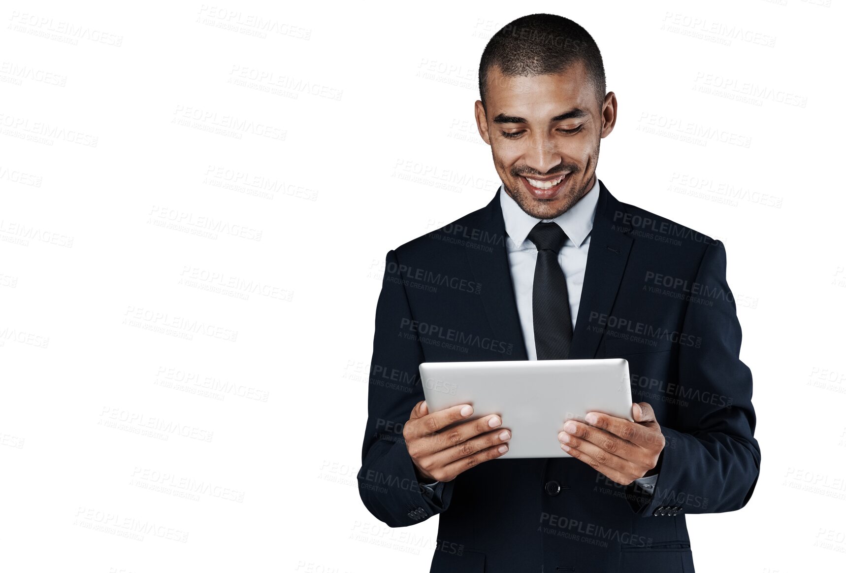 Buy stock photo Isolated business man, tablet and reading for smile, thinking and app by transparent png background. Corporate lawyer, digital touchscreen and happy for analysis, ideas and results in investigation