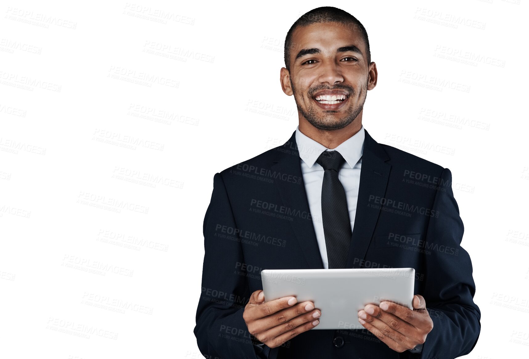 Buy stock photo Isolated business man, tablet and portrait with smile, pride and excited by transparent png background. Corporate lawyer, digital touchscreen or happy for analysis, app or results in investigation