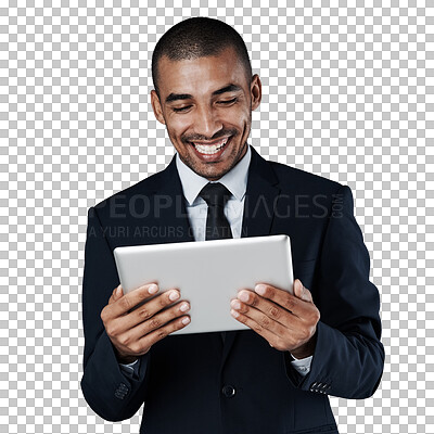 Buy stock photo Isolated business man, tablet and happy with reading, thinking and news by transparent png background. Corporate lawyer, digital touchscreen and smile for analysis, ideas or results in investigation