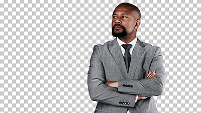 Buy stock photo Thinking, arms crossed and professional black man brainstorming problem solving solution, company plan or ideas. Planning decision, choice and African manager isolated on transparent, png background