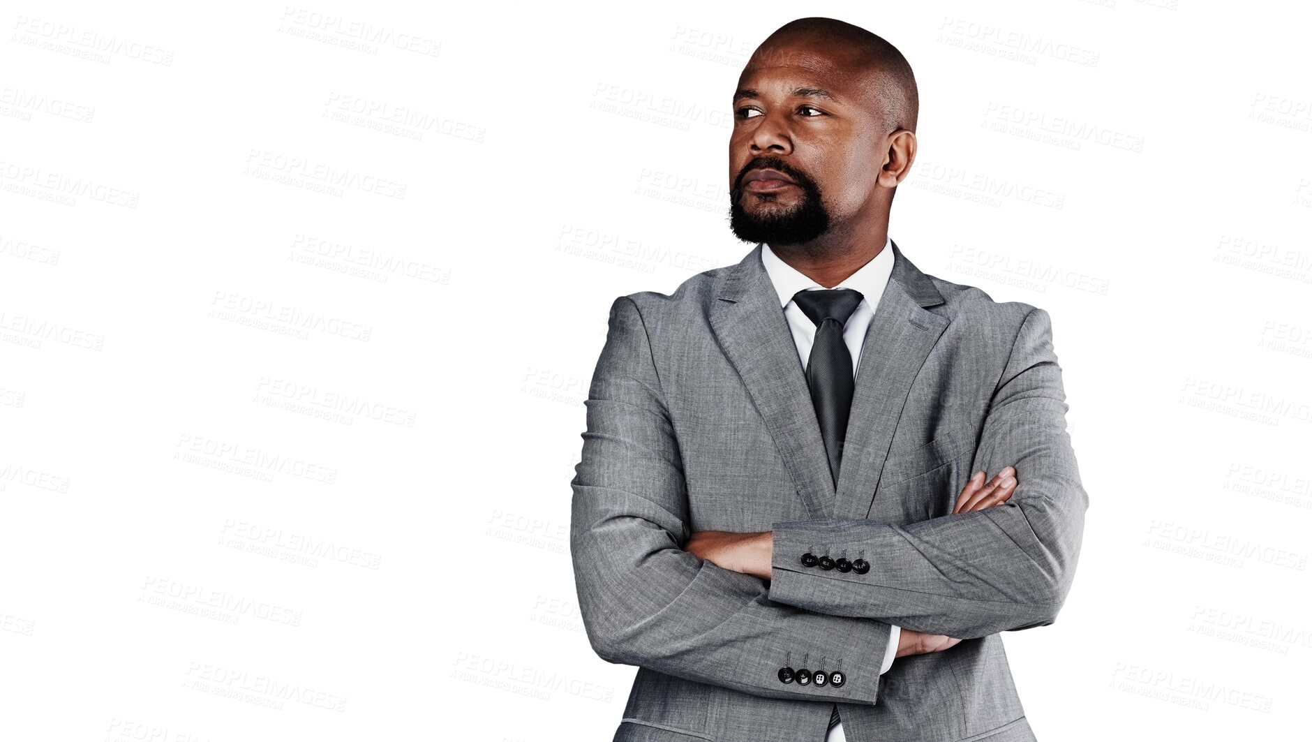 Buy stock photo Thinking, arms crossed and professional black man brainstorming problem solving solution, company plan or ideas. Planning decision, choice and African manager isolated on transparent, png background