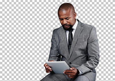 Buy stock photo Businessman, tablet and scrolling or connection, networking and internet or digital technology. Black male person, web and info or plan, research and app or isolated on transparent png background