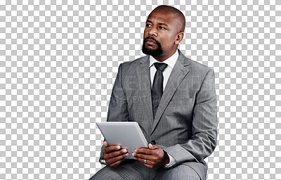 Buy stock photo Thinking, tablet and business black man, manager or CEO brainstorming online problem solving solution, plan or ideas. Planning, web research and African agent isolated on transparent, png background