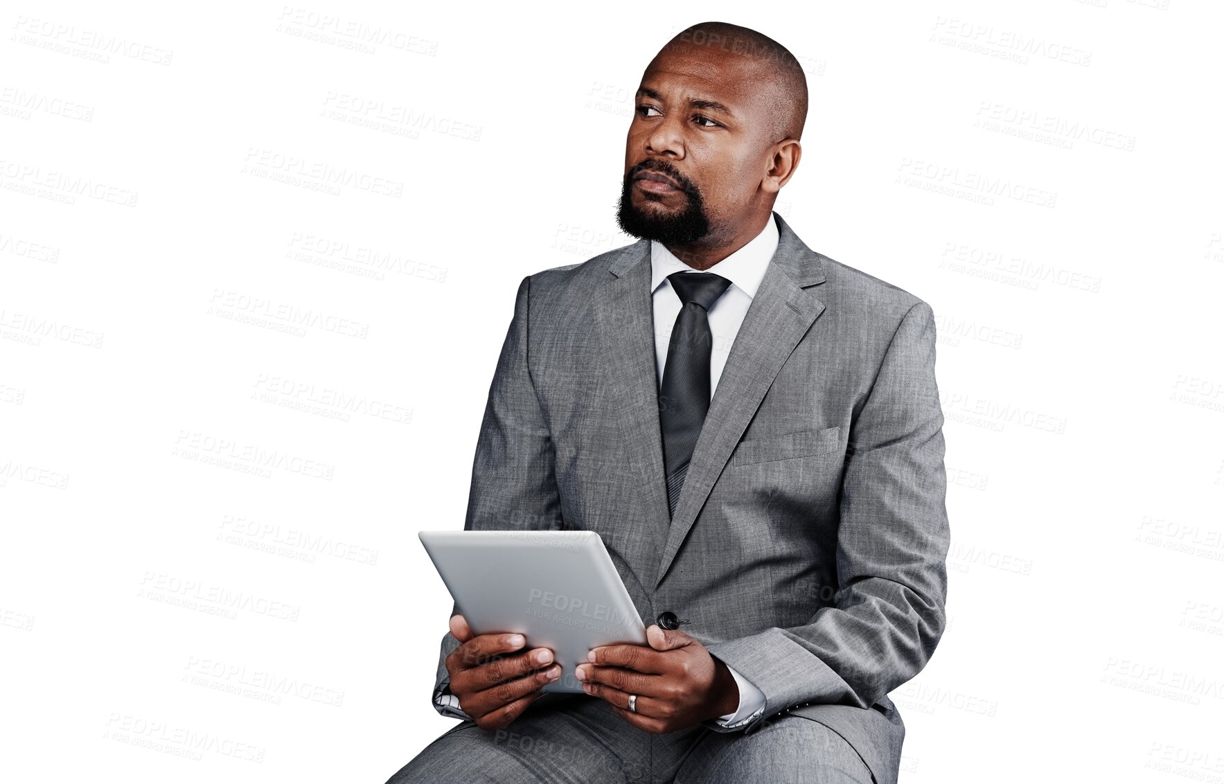 Buy stock photo Thinking, tablet and business black man, manager or CEO brainstorming online problem solving solution, plan or ideas. Planning, web research and African agent isolated on transparent, png background