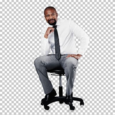 Buy stock photo Businessman, portrait and worker in office chair, smile and isolated on transparent png background. Employee, success and contemplate with solution mindset, wondering and strategy for problem
