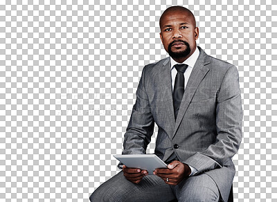 Buy stock photo Man, tablet and portrait or connection, networking and internet or digital technology. Black male person, face and information or planning, research and app or isolated on transparent png background