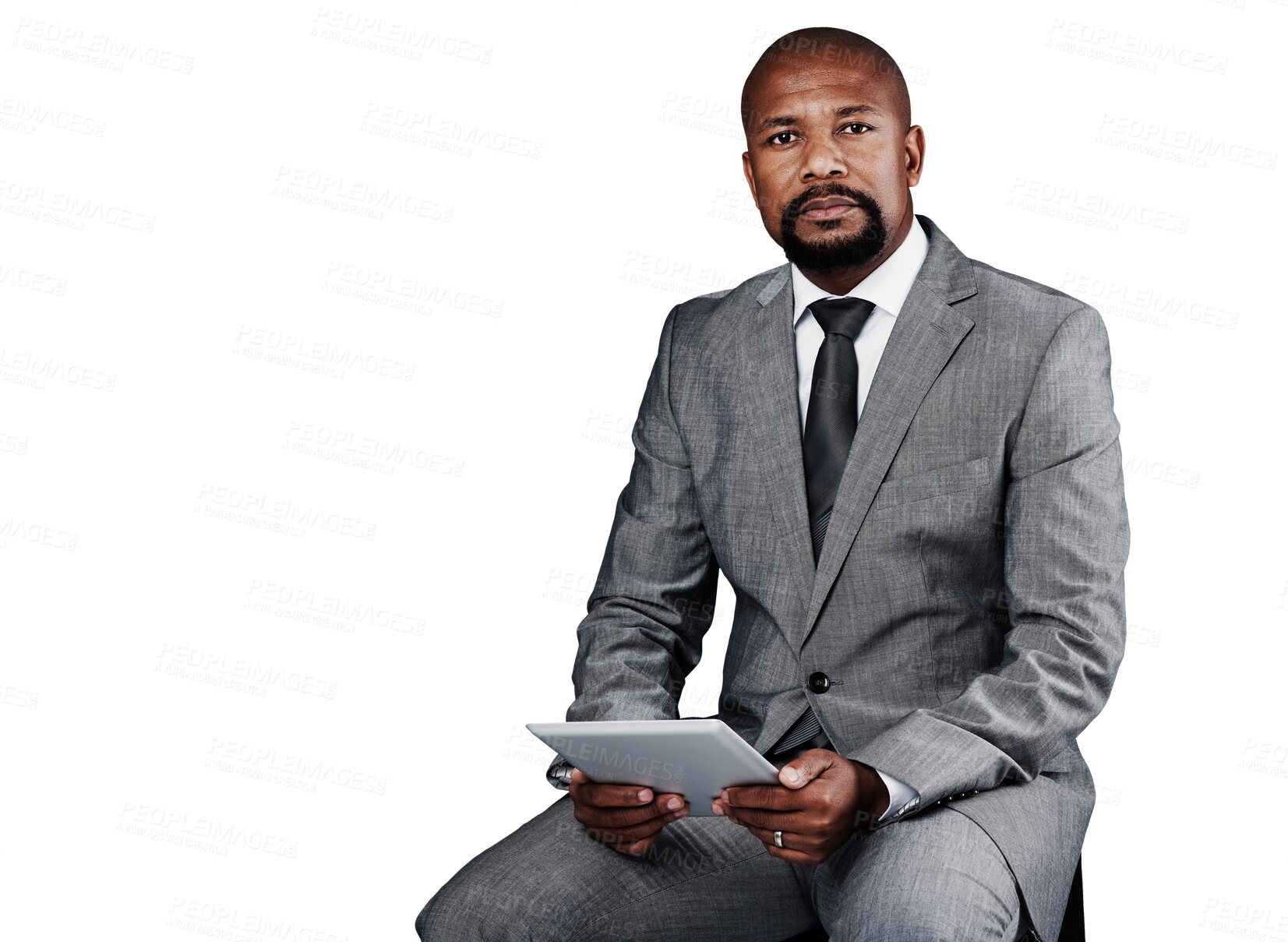 Buy stock photo Man, tablet and portrait or connection, networking and internet or digital technology. Black male person, face and information or planning, research and app or isolated on transparent png background