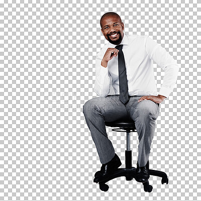 Buy stock photo Black man, portrait and worker in office chair, smile and isolated on transparent png background. Employee, confident and financial clerk ready for career, and startup with a businessman for job
