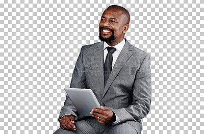 Buy stock photo Businessman, tablet and smile or thinking, internet and networking or digital technology. Black male person, information and planning or research, app and isolated on transparent png background