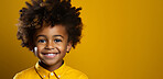 African american, child and fashion with afro, excitement and smile on mockup banner background. Face, kid and male youth with cool, trendy and confident clothes style on yellow studio space