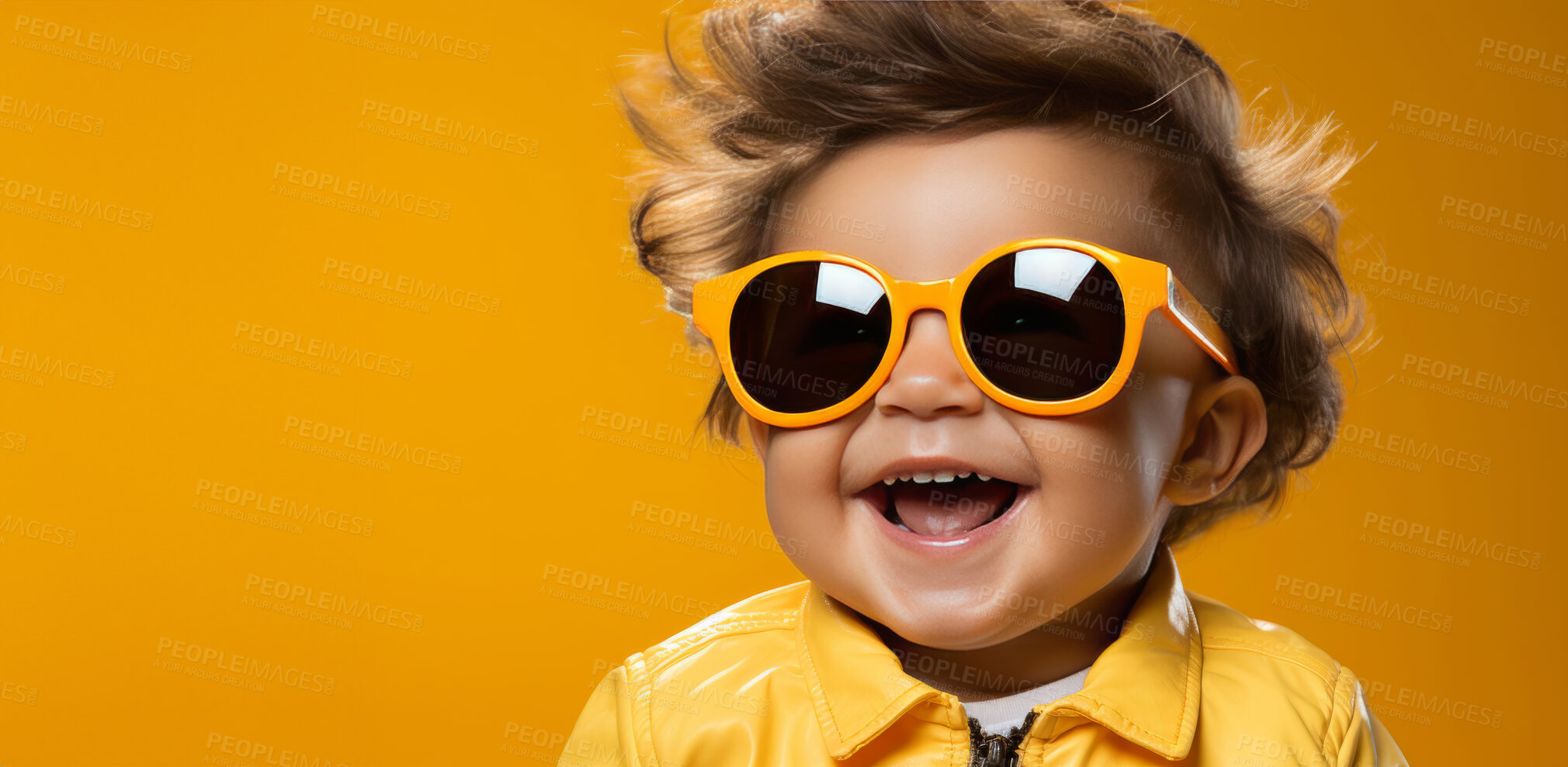 Buy stock photo Happy child, portrait and fashion with glasses, expression and smile on mockup banner background. Face, kid and male youth with cool, trendy and confident clothes style on yellow studio space