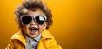 Happy child, portrait and fashion with glasses, expression and smile on mockup banner background. Face, kid and male youth with cool, trendy and confident clothes style on yellow studio space