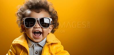 Happy child, portrait and fashion with glasses, expression and smile on mockup banner background. Face, kid and male youth with cool, trendy and confident clothes style on yellow studio space