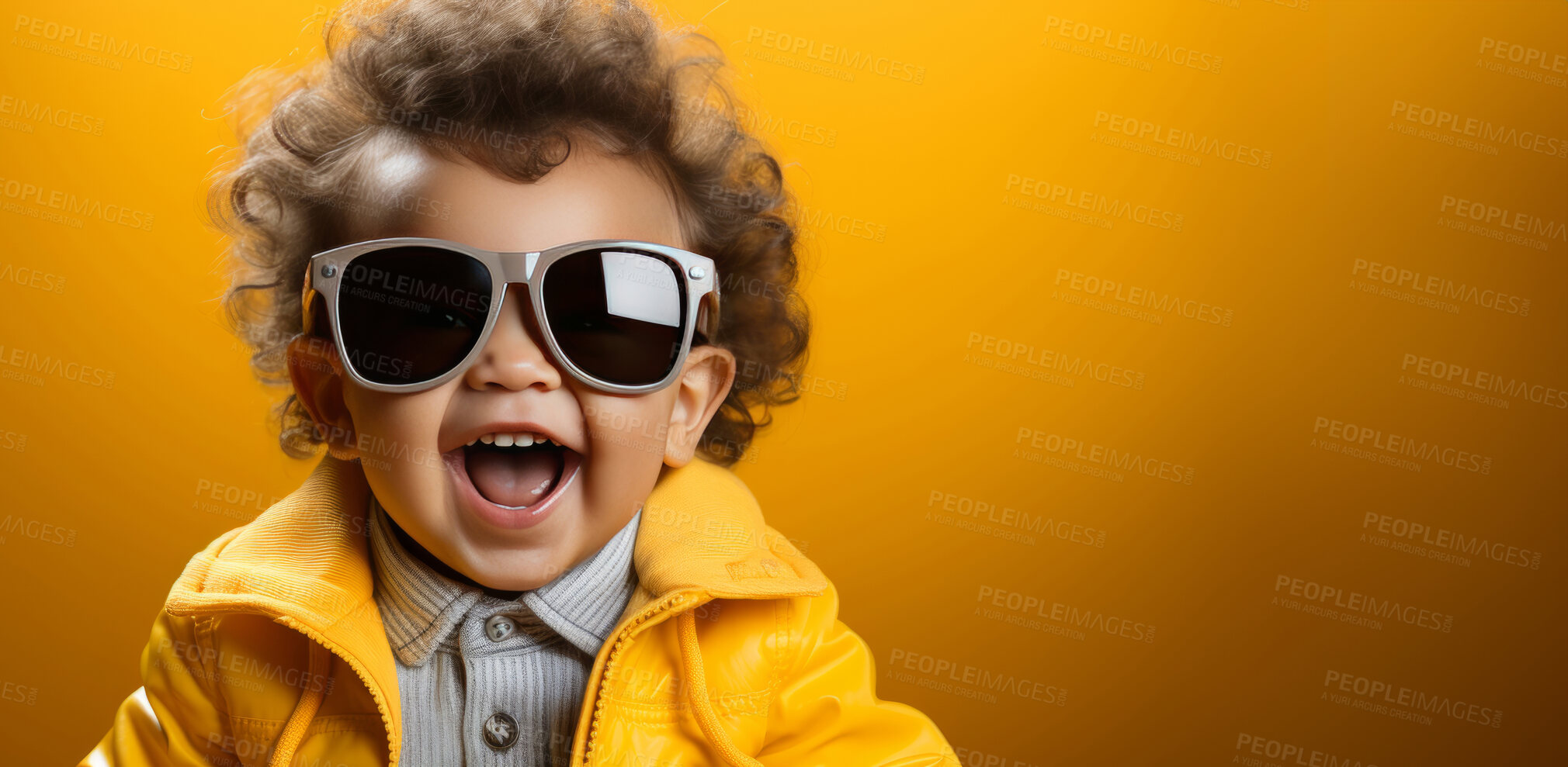 Buy stock photo Happy child, portrait and fashion with glasses, expression and smile on mockup banner background. Face, kid and male youth with cool, trendy and confident clothes style on yellow studio space