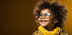 African american, child and fashion with afro, excitement and smile on mockup banner background. Face, kid and male youth with cool, trendy and confident clothes style on yellow studio space