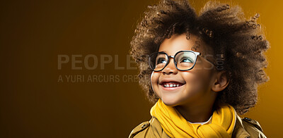 African american, child and fashion with afro, excitement and smile on mockup banner background. Face, kid and male youth with cool, trendy and confident clothes style on yellow studio space