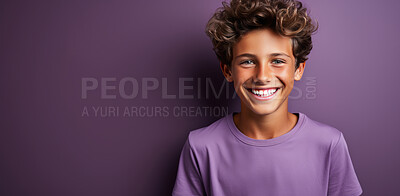 Buy stock photo Studio portrait, child and boy with banner, background and smile with trendy, cool and style clothing. Mockup space, face and happy male student with youth confidence on purple color backdrop