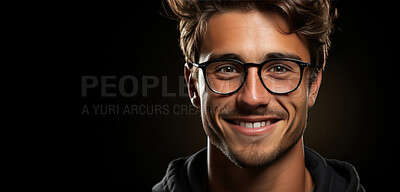 Mockup, portrait and bearded man with glasses, smile and optometry on a dark studio background. Face, person and model with eyewear, clear vision and happiness with optometrist, sight and looking