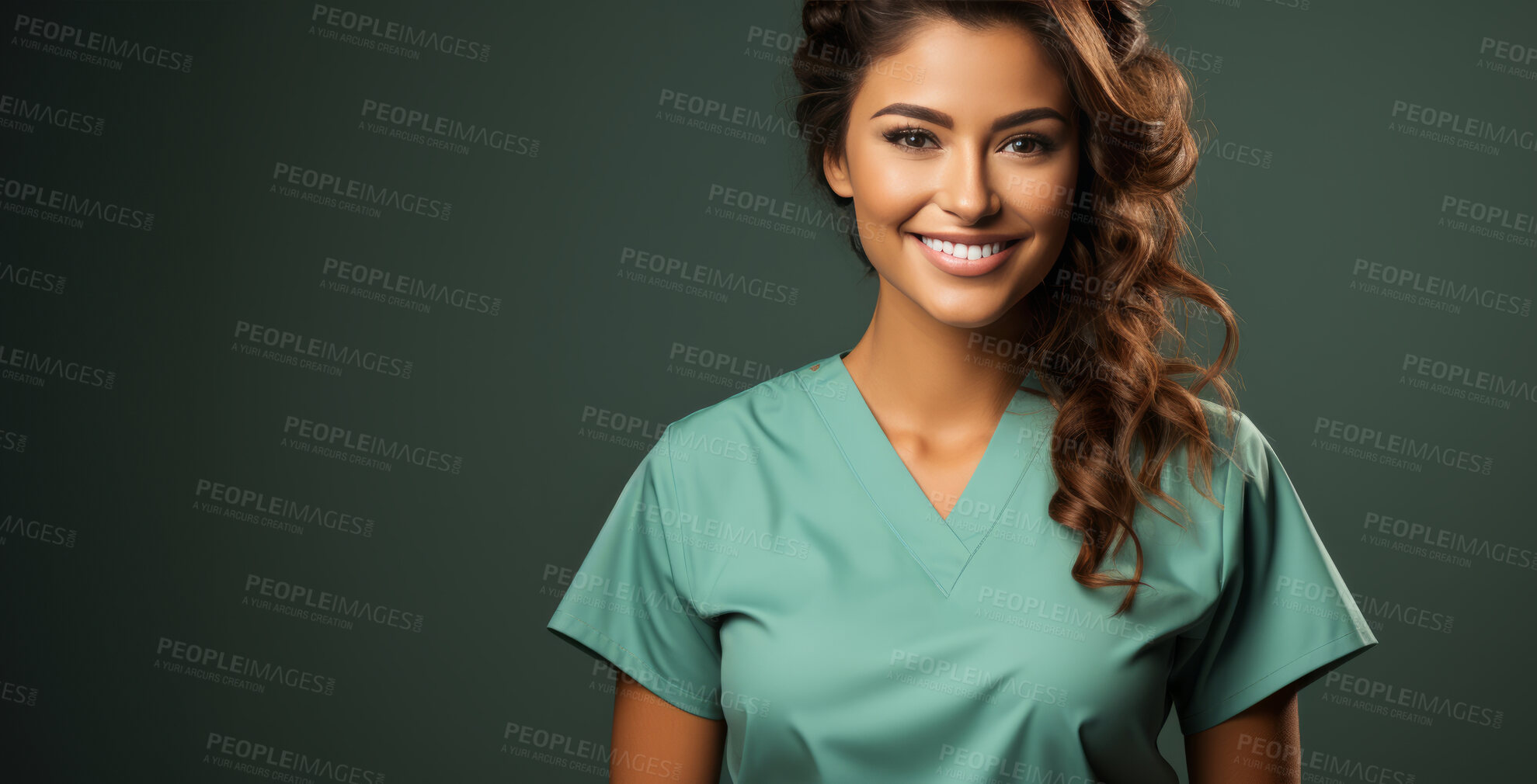 Buy stock photo Portrait, mockup and woman with nurse scrubs, uniform and medical helper against a green studio background. Female person, doctor or happy model with happiness, career and healthcare professional