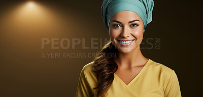 Portrait, mockup and woman with nurse scrubs, medical and healthcare helper against a yellow studio background. Female person, doctor or happy model with happiness, career and medicine professional