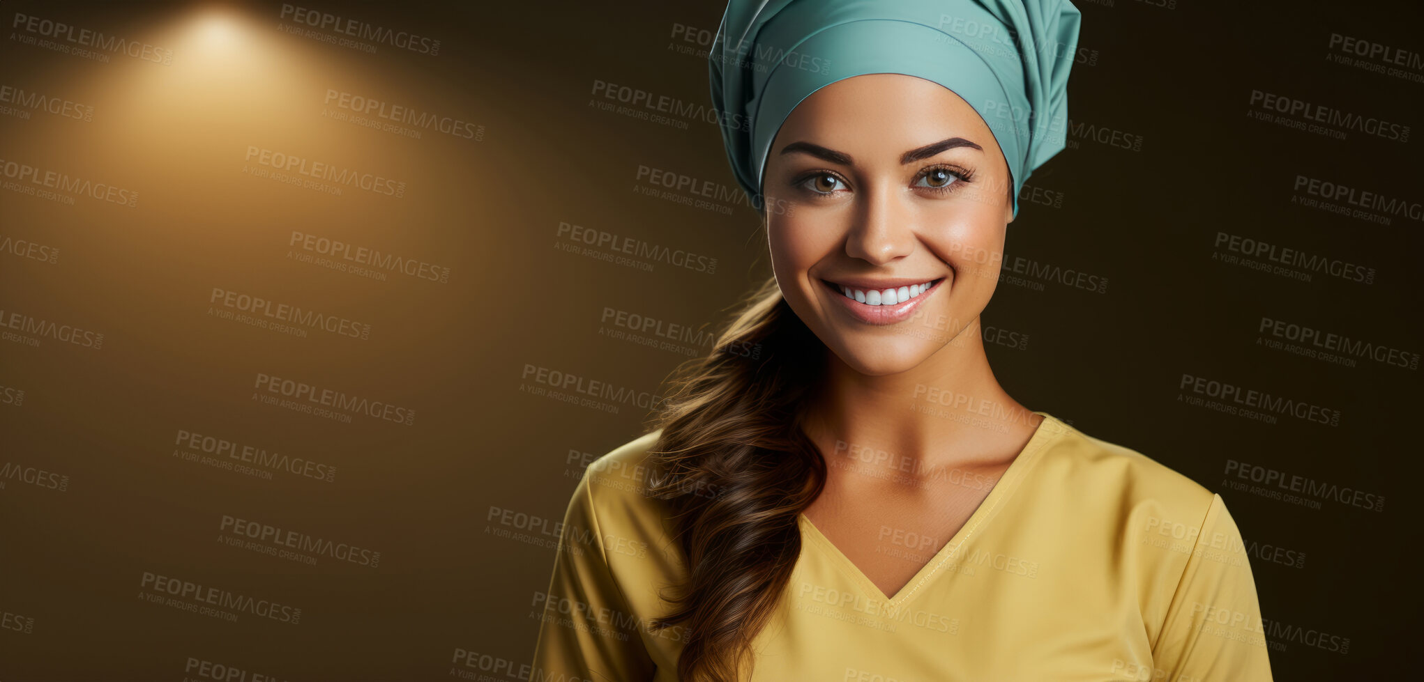 Buy stock photo Portrait, mockup and woman with nurse scrubs, medical and healthcare helper against a yellow studio background. Female person, doctor or happy model with happiness, career and medicine professional