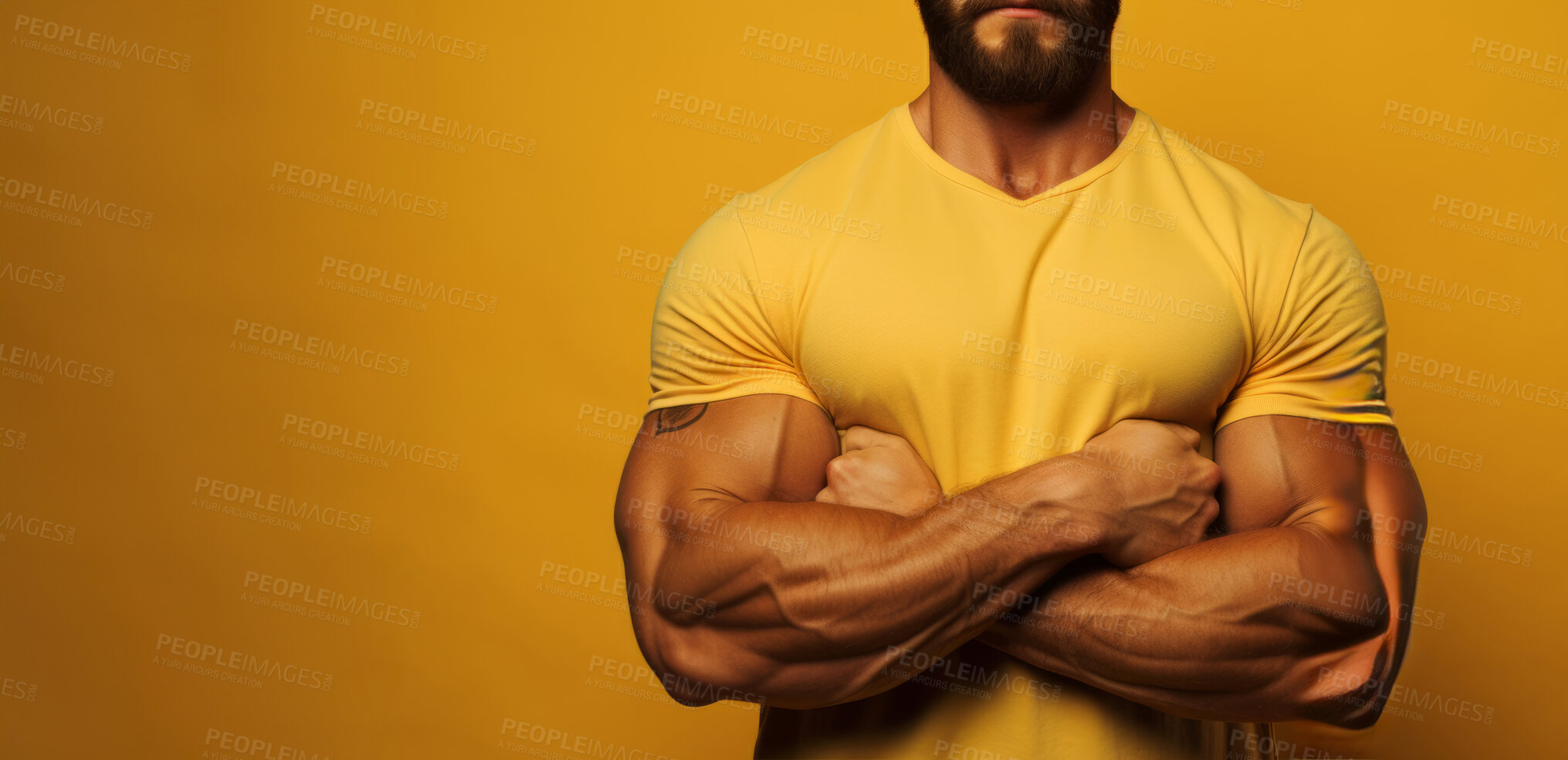 Buy stock photo Anonymous man, arms crossed and muscle portrait with yellow banner, background and backdrop in studio with fashionable or stylish clothes and confident athlete in workout, exercise and bodybuilder pose