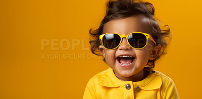 Child, portrait and fashion with yellow colour, glasses and smile on mockup banner background. Face, kid and male youth with cool, trendy and confident clothes style on studio backdrop space
