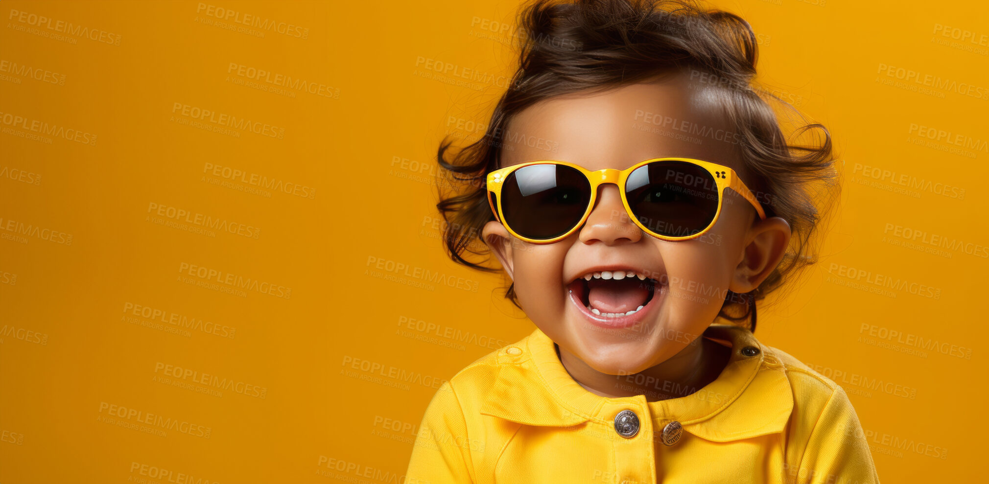 Buy stock photo Child, portrait and fashion with yellow colour, glasses and smile on mockup banner background. Face, kid and male youth with cool, trendy and confident clothes style on studio backdrop space