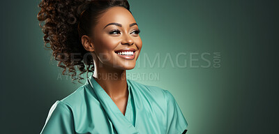 African american, mockup and mixed race woman with scrubs, nurse and helper against a green studio background. Female person, doctor or happy model with happiness, career and healthcare professional