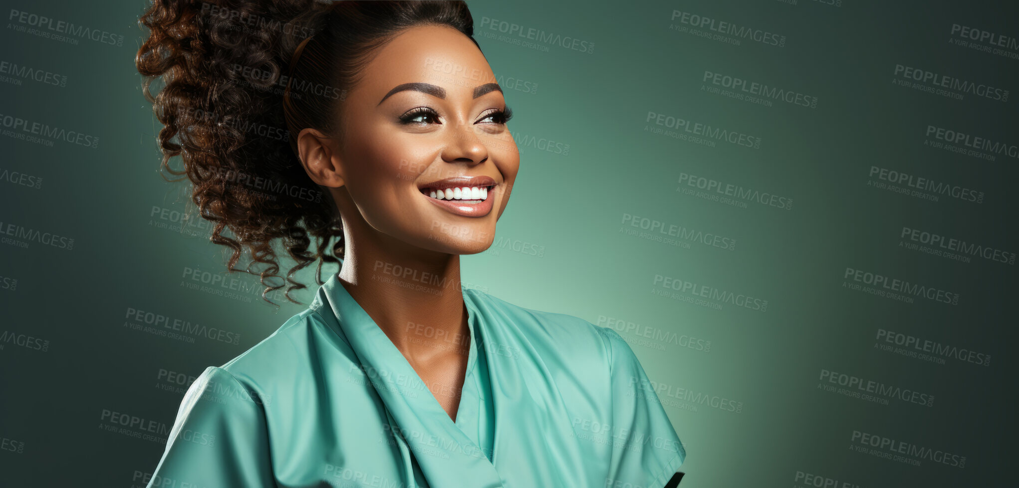 Buy stock photo African american, mockup and mixed race woman with scrubs, nurse and helper against a green studio background. Female person, doctor or happy model with happiness, career and healthcare professional