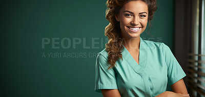 Portrait, mockup and woman with nurse scrubs, uniform and medical helper against a green studio background. Female person, doctor or happy model with happiness, career and healthcare professional