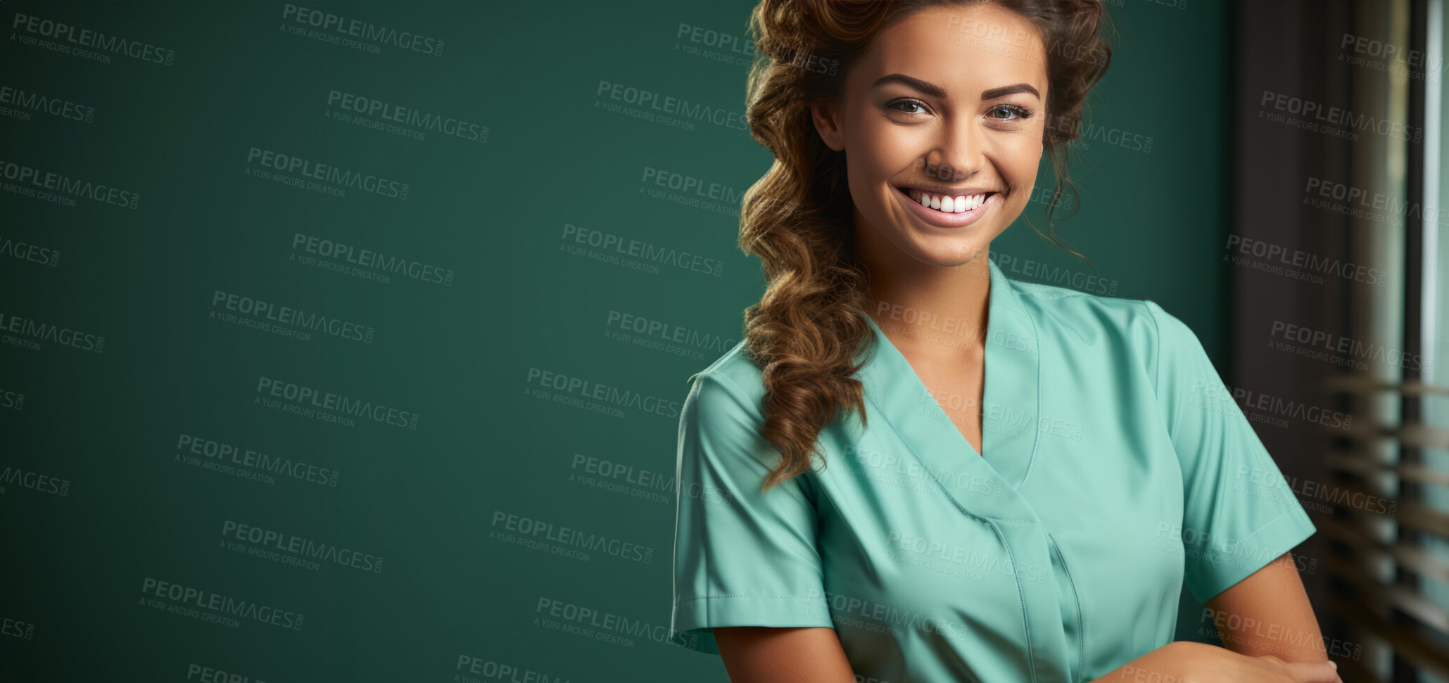 Buy stock photo Portrait, mockup and woman with nurse scrubs, uniform and medical helper against a green studio background. Female person, doctor or happy model with happiness, career and healthcare professional