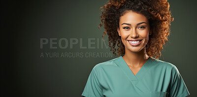 Portrait, mockup and mixed race woman with scrubs, nurse and medical helper against a green studio background. Female person, doctor or happy model with happiness, career and healthcare professional