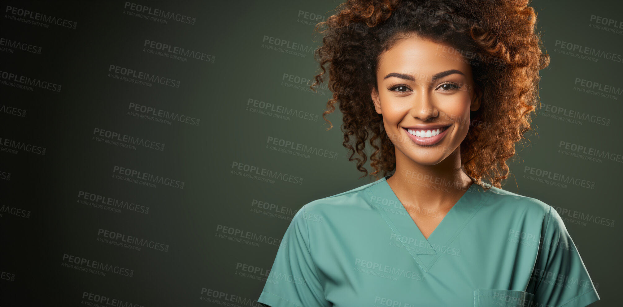 Buy stock photo Portrait, mockup and mixed race woman with scrubs, nurse and medical helper against a green studio background. Female person, doctor or happy model with happiness, career and healthcare professional