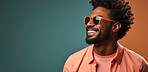 Smiling, african man and glasses, fashion and trendy clothes in elegant style on banner background. Mockup space, face and confident male model with happy expression on studio color backdrop