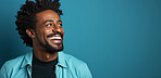 Laughing, african man and beard, fashion and trendy clothes in elegant style on banner background. Mockup space, face and confident male model with happy expression on studio color backdrop