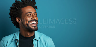 Buy stock photo Laughing, african man and beard, fashion and trendy clothes in elegant style on banner background. Mockup space, face and confident male model with happy expression on studio color backdrop