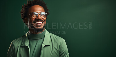 Smiling, african man and glasses, fashion and trendy clothes in elegant style on banner background. Mockup space, face and confident male model with happy expression on studio color backdrop