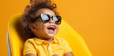 Child, portrait and fashion with yellow chair, glasses and smile on mockup banner background. Face, kid and male youth with cool, trendy and confident clothes style on studio space