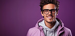 Mockup, portrait and bearded man with glasses, smile and optometry on a purple studio background. Face, person and model with eyewear, clear vision and happiness with optometrist, sight and looking