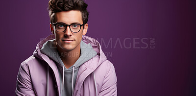 Mockup, portrait and bearded man with glasses, smile and optometry on a purple studio background. Face, person and model with eyewear, clear vision and happiness with optometrist, sight and looking