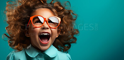 Buy stock photo Happy, child and fashion with glasses, laugh and smile on mockup banner background. Face, kid and male youth with cool, trendy and confident clothes style on teal or green, gradient studio backdrop