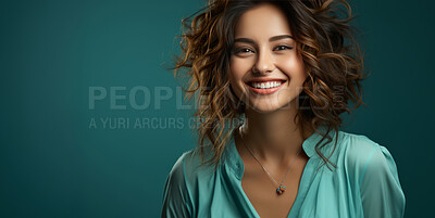 Studio portrait, woman and smile with banner, background and smile. Mockup space, vibrant colour or gradient for copy. Confident, female posing in fashionable or stylish clothes, posing and looking
